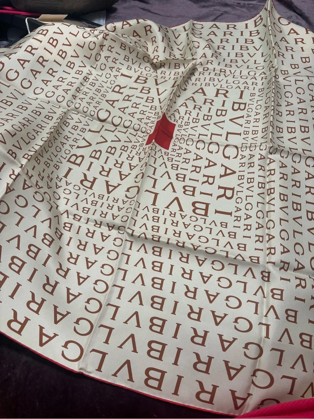 Bulgari Cream Silk Scarf with Brown Logo and Red Edge